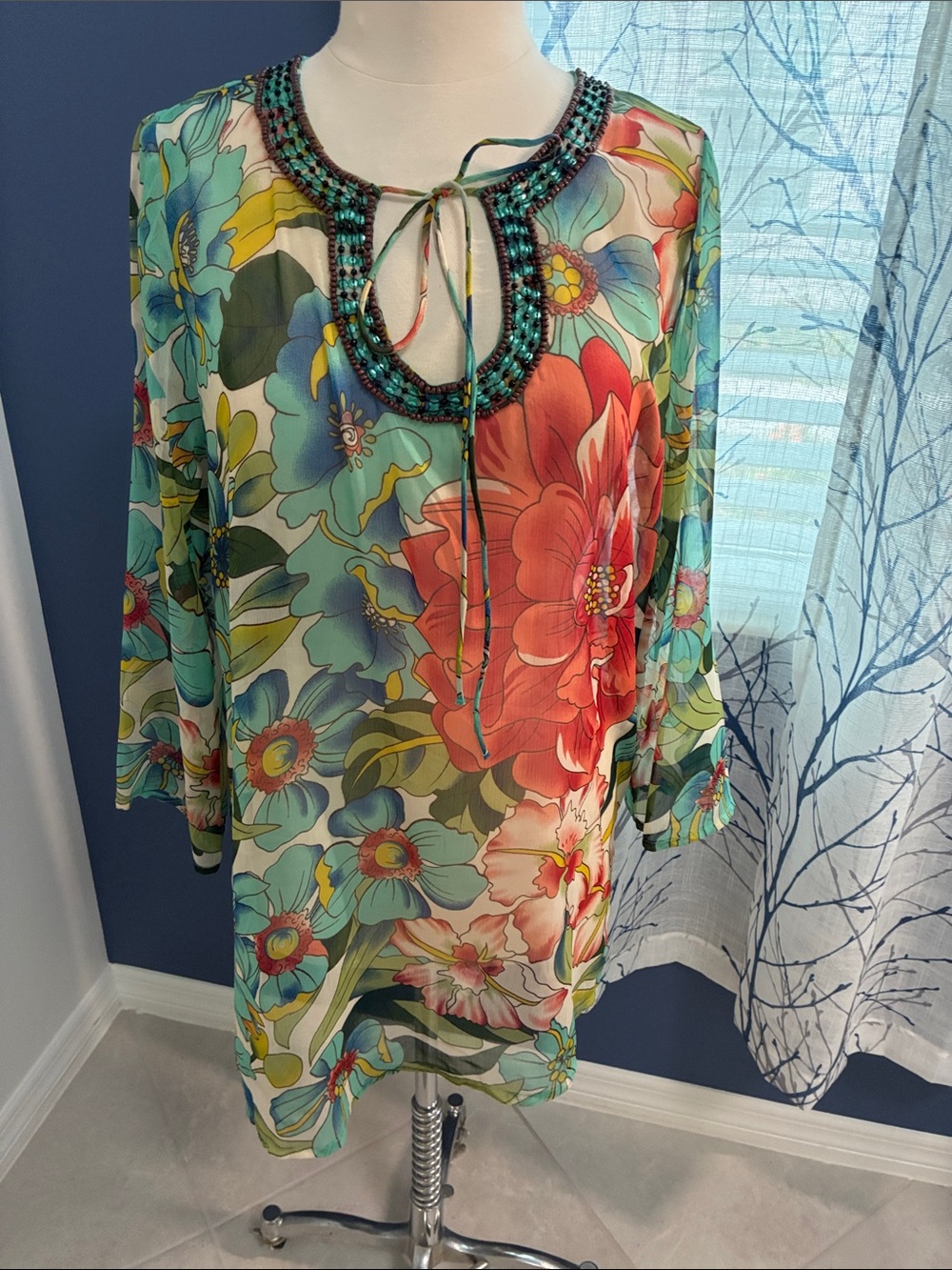 Club Collection Floral Beach Cover-Up  with Beaded Neckline